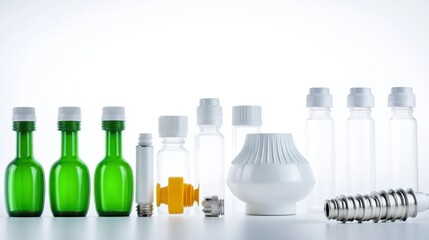 A collection of various bottles and containers in different shapes and colors, emphasizing eco-friendly design and modern packaging.