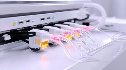 A close-up view of network cables connected to a device, highlighting their ports and colorful connectors in a modern, tech-oriented environment.