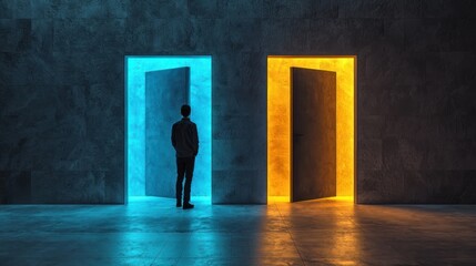Obraz premium Man facing a choice, blue and yellow glowing doors.