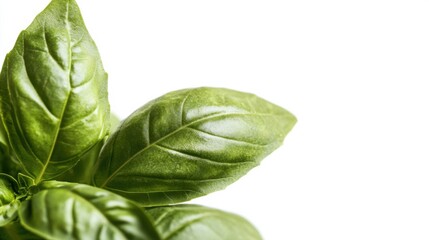 Obraz premium A close-up of fresh green basil leaves with their aromatic fragrance and serrated edges, isolated white background, minimalist art style
