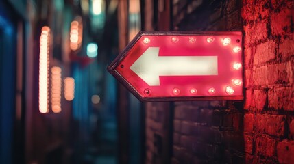 Illuminated red arrow sign on brick wall in a dark alley at night, pointing left.