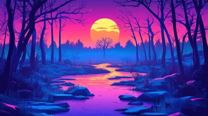 Vivid 3D Forest Scene with Bright Colors and Light