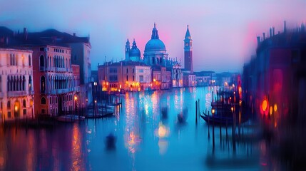 Obraz premium Illuminated Venice canal at twilight, showcasing Santa Maria della Salute church and gondolas.