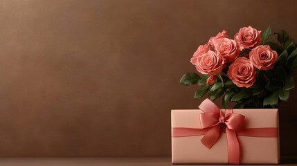 A Bouquet of Roses and a Wrapped Gift Box for a Romantic