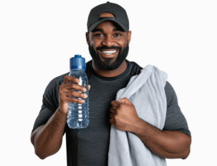 A personal trainer holding a water bottle and a towel over their shoulder, smiling confidently, front view, centered on a white background