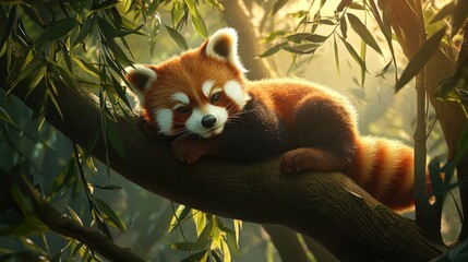 Fototapeta premium Red panda resting on a tree branch in sunlight.