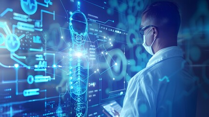 Scientist Examining Digital Medical Data on Transparent Screen