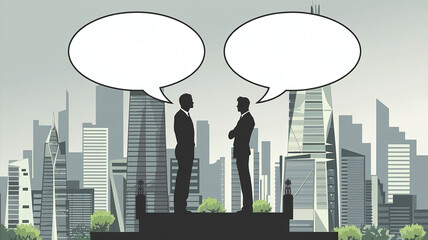 Obraz premium Illustration of two silhouettes facing each other with blank speech bubbles, representing communication, discussion, and negotiation concepts in an urban setting. 