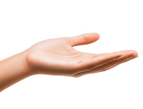 An open hand extended outward, palm facing the camera, isolated on a white background for a welcoming gesture