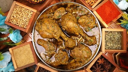 Indian Chicken Curry served on a table, featuring spicy chicken in rich gravy. A vibrant Indian dish ideal for restaurant menus, food displays, street food promotions, and commercial projects.