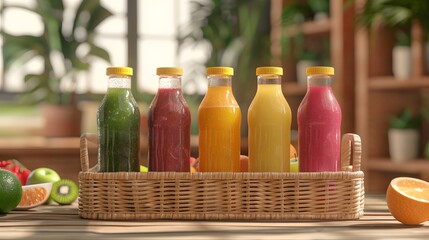 Colorful Bottles of Fresh Juices in a Natural Setting