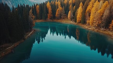 Serene autumn lake reflecting golden trees.
