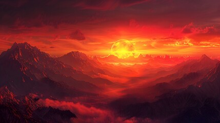 Stunning Sunset Over Majestic Mountains with Vibrant Red Sky