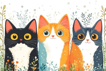 Obraz premium Three adorable cats peeking through foliage in a whimsical floral setting.