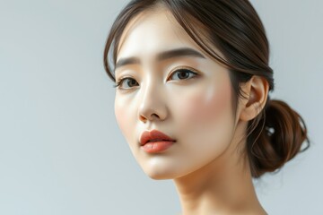 Naklejka premium Elegant close-up portrait of an Asian woman with radiant skin and soft natural makeup, perfect for promoting skincare, cosmetics, and beauty-focused campaigns.