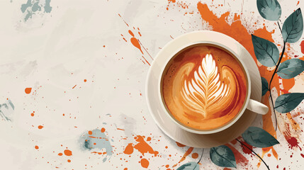 A steaming cappuccino in a white mug with a heart-shaped foam sits on a wooden table, ready to be enjoyed, vector illustration for restaurant or menu design