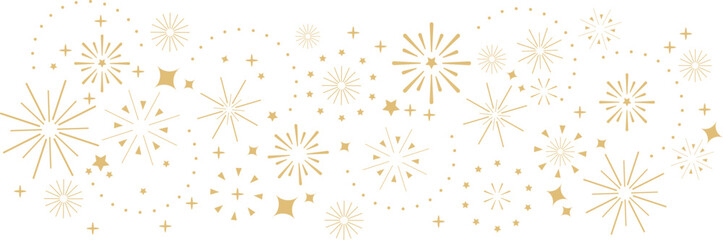 Border, divider of the golden fireworks, stars and sparkles on the transparent background. New Year, birthday and party decoration concept. 