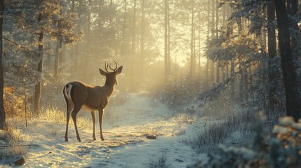 A majestic white-tailed deer standing gracefully in a snowy forest, its fur glistening in the soft winter sunlight filtering through the trees.