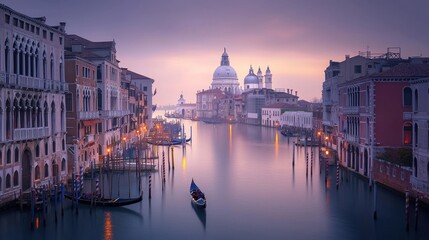 Naklejka premium Serene Venetian canal at dawn, gondolas, buildings, and church.