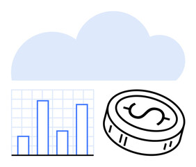 Cloud over bar chart and coin suggest cloud computing, data analytics, and financial growth. Ideal for finance, business, technology, startup, management investment cloud computing. Line metaphor