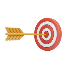 A 3D render of a minimalist style cartoon with a yellow arrow and a red target. The arrow is pointing at the red target. The arrow and target are isolated on a transparent background.