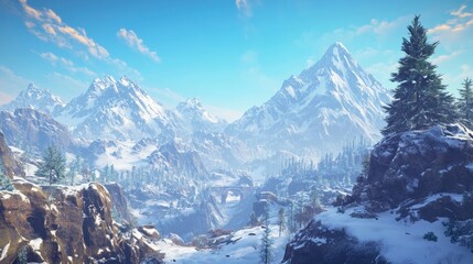 A majestic winter landscape featuring snow-capped mountains and a clear blue sky, inviting adventure and exploration in the great outdoors.