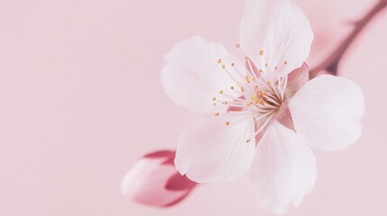 A delicate pink cherry blossom against a pale pink background, close-up shot, Minimalist style