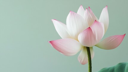 Obraz premium A delicate pink lotus on a pale sage green backdrop, close-up shot, Stock photo library style
