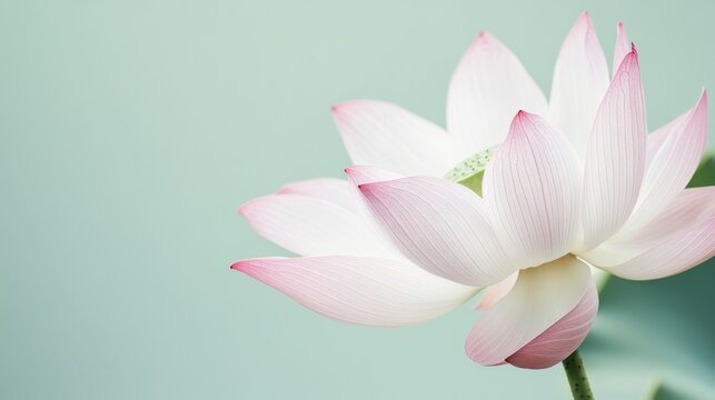 A delicate pink lotus on a pale sage green backdrop, close-up shot, Stock photo library style
