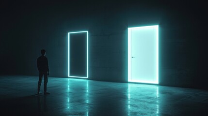 Obraz premium Man contemplates two glowing doors, one dark, one light, in a dark room.