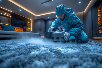 A professional cleaner using a modern steam cleaning machine on a gray carpet in a stylish home, showcasing expertise and efficiency