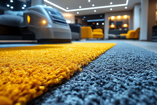 A professional cleaner using a modern steam cleaning machine on a gray carpet in a stylish home, showcasing expertise and efficiency