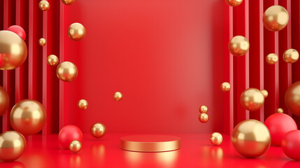 Fototapeta premium Red and Gold Abstract Podium with Spheres 