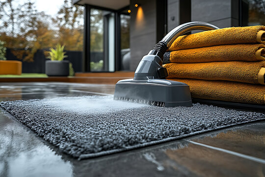 A professional cleaner using a modern steam cleaning machine on a gray carpet in a stylish home, showcasing expertise and efficiency
