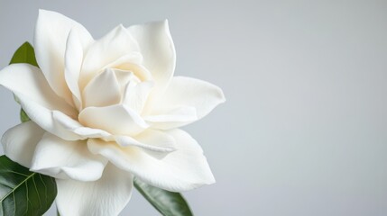 Obraz premium A delicate white gardenia against a pale grey background, close-up shot, Minimalist style