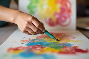 Fototapeta premium Hand holding a brush painting vibrant splashes on a canvas, representing creative exploration, abstract art, and artistic imagination with bold, colorful strokes
