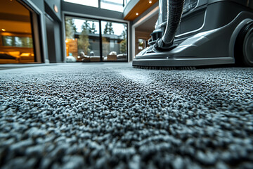 A professional cleaner using a modern steam cleaning machine on a gray carpet in a stylish home, showcasing expertise and efficiency