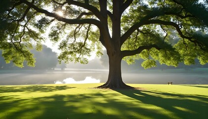 Obraz premium A serene morning in a lush green park with dew still glistening on the grass