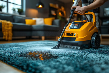 A professional cleaner using a modern steam cleaning machine on a gray carpet in a stylish home, showcasing expertise and efficiency