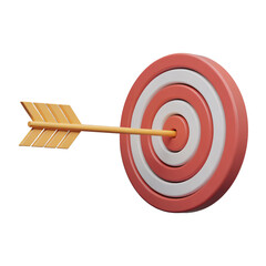 A 3D render of a cartoon-style yellow arrow with a red target. The arrow is pointing towards the target. The background is transparent and the image has a minimalist style.