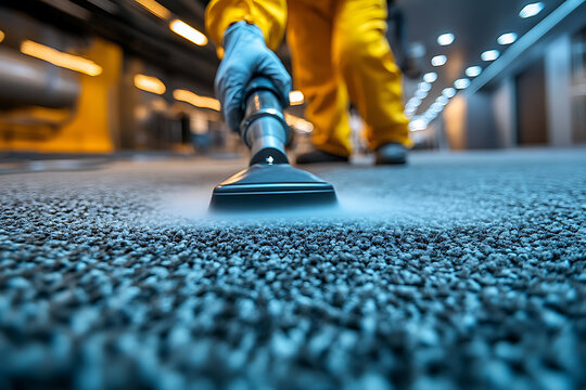 A professional cleaner using a modern steam cleaning machine on a gray carpet in a stylish home, showcasing expertise and efficiency