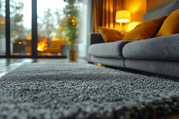 A professional cleaner using a modern steam cleaning machine on a gray carpet in a stylish home, showcasing expertise and efficiency