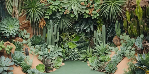 Fotobehang Lush Desert Garden Succulents Cacti Tropical Plants Green Background © Ahingska