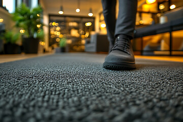 Fototapeta premium A professional cleaner using a modern steam cleaning machine on a gray carpet in a stylish home, showcasing expertise and efficiency