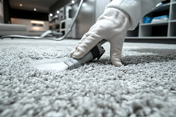 A professional cleaner using a modern steam cleaning machine on a gray carpet in a stylish home, showcasing expertise and efficiency