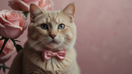 Cute tabby cat sits beside a lush bouquet of roses, creating a romantic background. The soft lighting enhances the cozy atmosphere, perfect for Valentine&rsquo;s Day and pet photography.