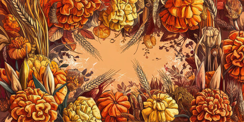 Autumn Harvest Floral Frame with Pumpkins Wheat and Marigolds