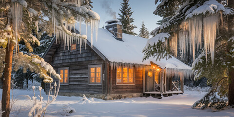 Cozy Winter Cabin Snow Covered Icicles Snow Scene Christmas Holiday Log Cabin Winter Wonderland