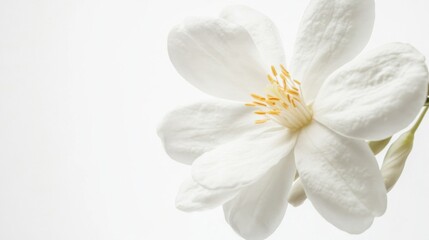 A detailed close-up of a delicate white jasmine flower with its fragrant petals, isolated white background, sophisticated minimalist style