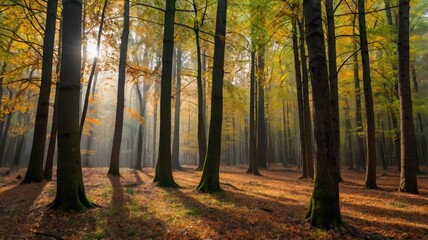Obraz premium autumn forest trees. nature green wood sunlight backgrounds.